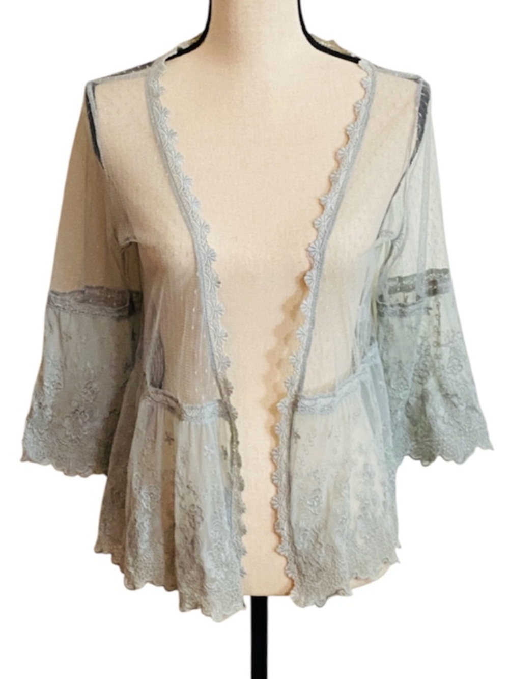 Poof New York Blue Gray Embroidered Sheer Mesh Kimono Cardigan Whimsigoth Boho